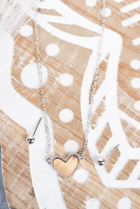 Silvertone and Goldtone Heart Necklace and Earring Set