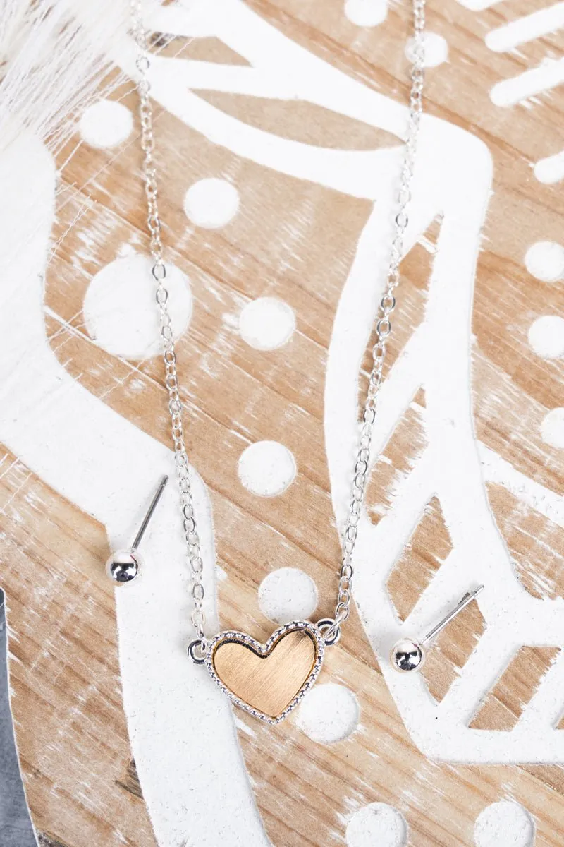 Silvertone and Goldtone Heart Necklace and Earring Set