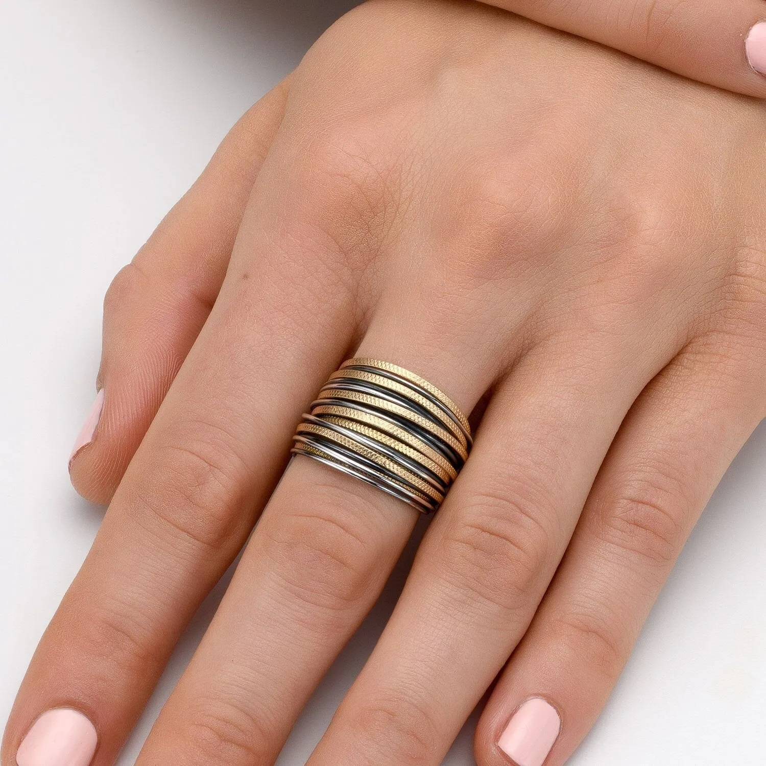 SPIRA Unique Handcrafted Design Two Tone 14K Gold filled And 925 Sterling Oxidied Silver Wrap Boho Ring Wide two tone ring Mixed metal ring