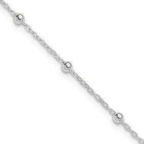 Sterling Silver 1mm Beaded Chain 10in Plus 1in ext. Anklet