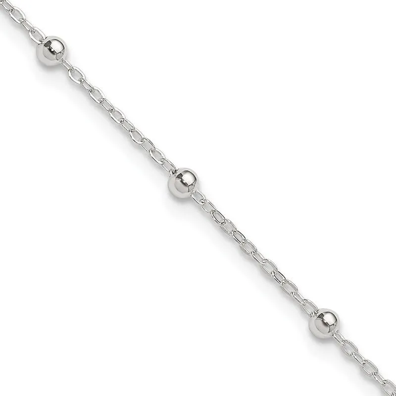 Sterling Silver 1mm Beaded Chain 10in Plus 1in ext. Anklet