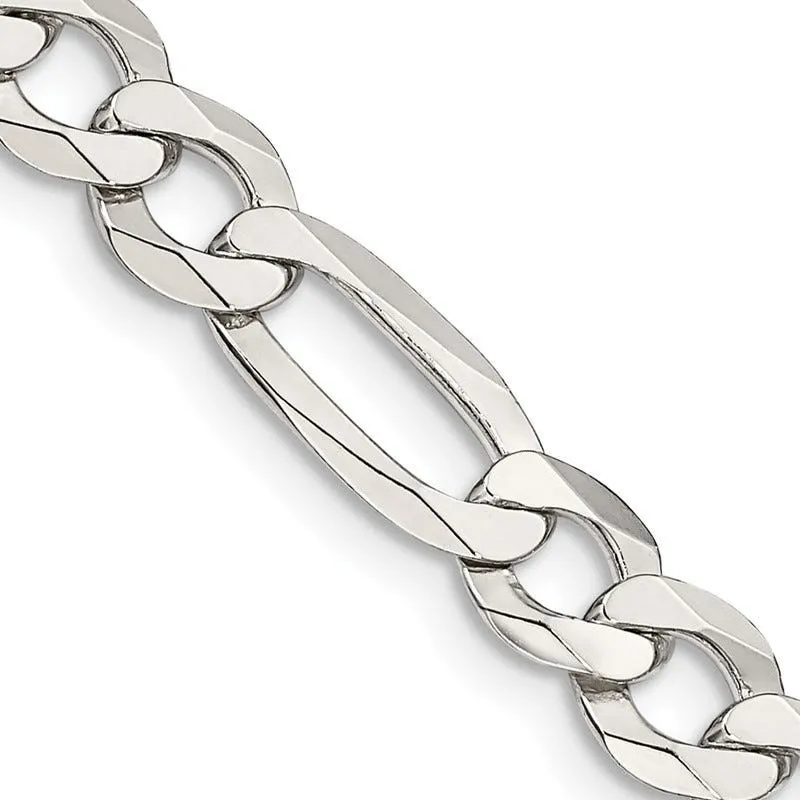 Sterling Silver 7.5mm Lightweight Flat Figaro Chain Necklace