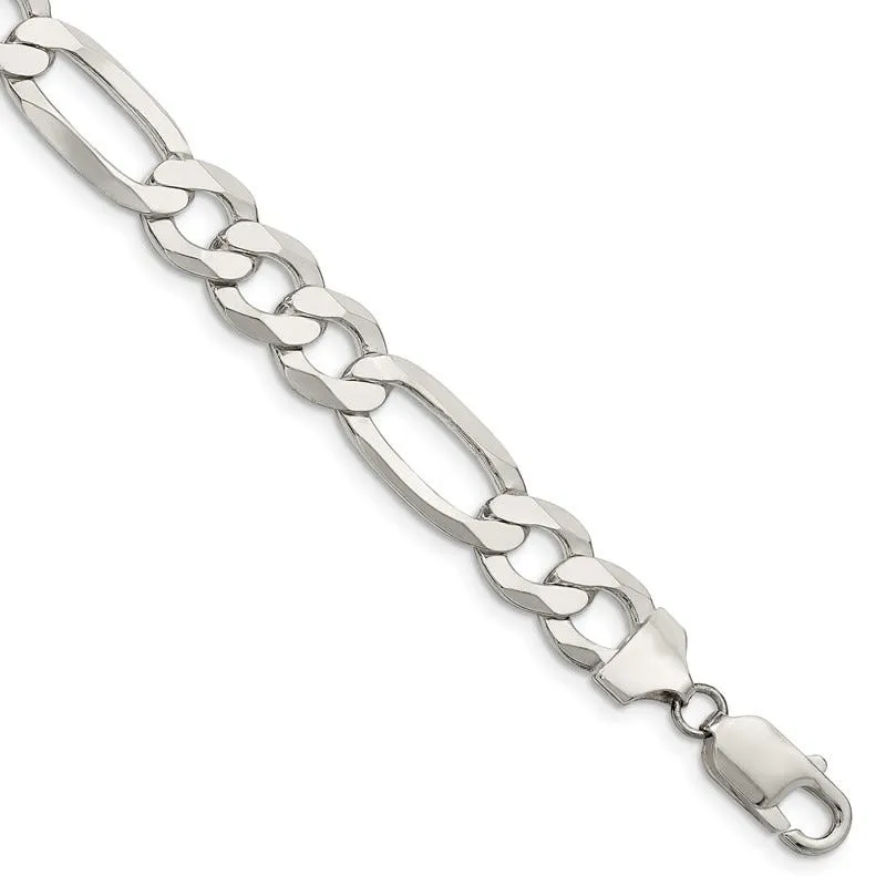 Sterling Silver 9.5mm Lightweight Flat Figaro Chain Bracelet