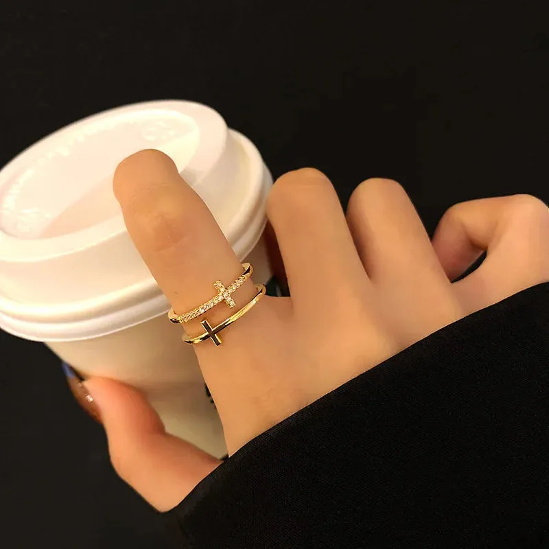 Trendy Minimalist Gold Color Cross Rings Geometric Double Layer Open Adjustable Finger Ring For Women Party Wedding Jewelry Gift