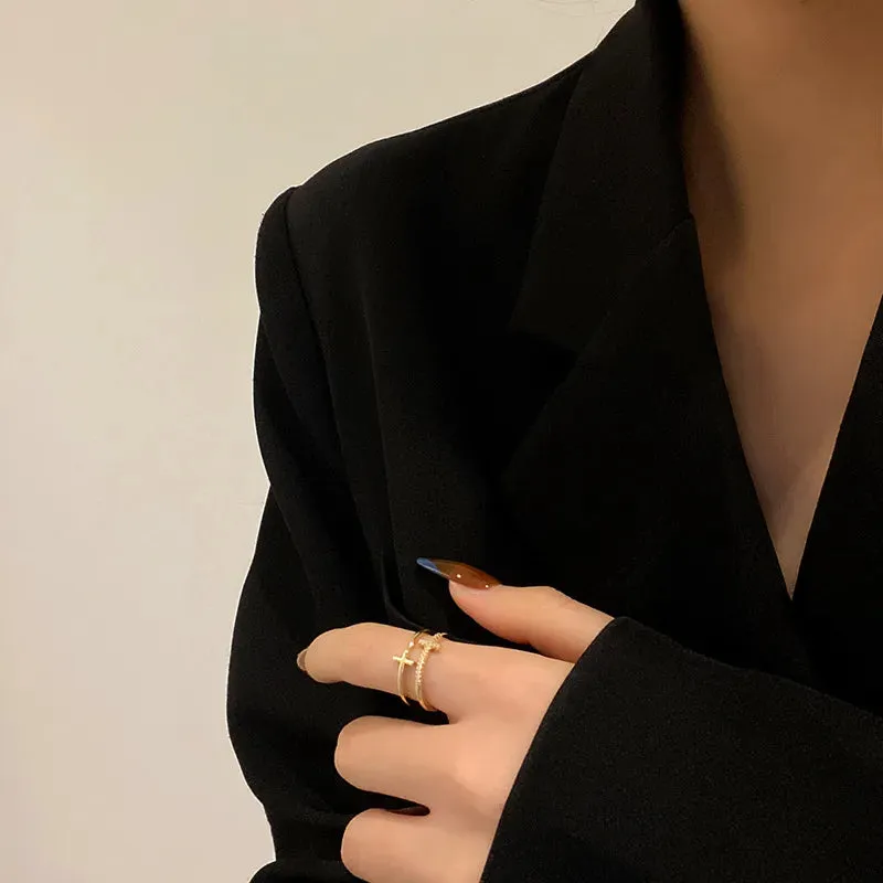 Trendy Minimalist Gold Color Cross Rings Geometric Double Layer Open Adjustable Finger Ring For Women Party Wedding Jewelry Gift