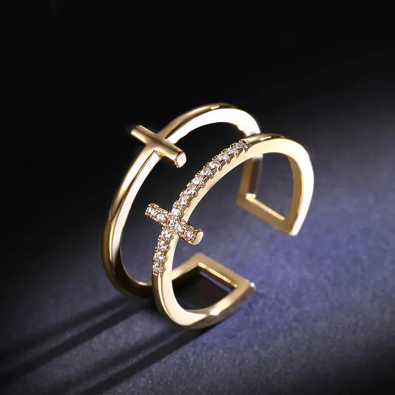 Trendy Minimalist Gold Color Cross Rings Geometric Double Layer Open Adjustable Finger Ring For Women Party Wedding Jewelry Gift