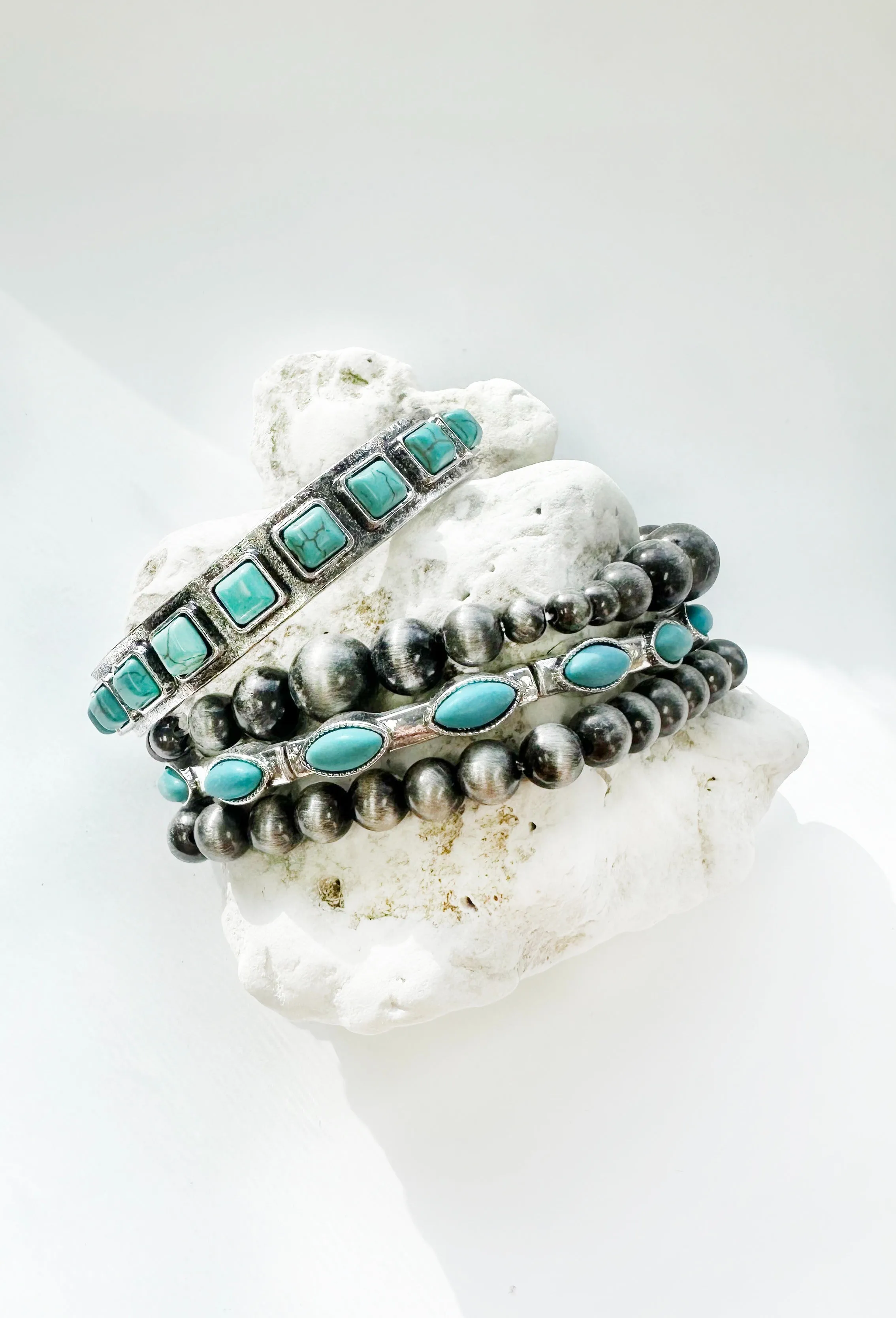 Turquoise & Silver 4 Strand Bracelet Stack.