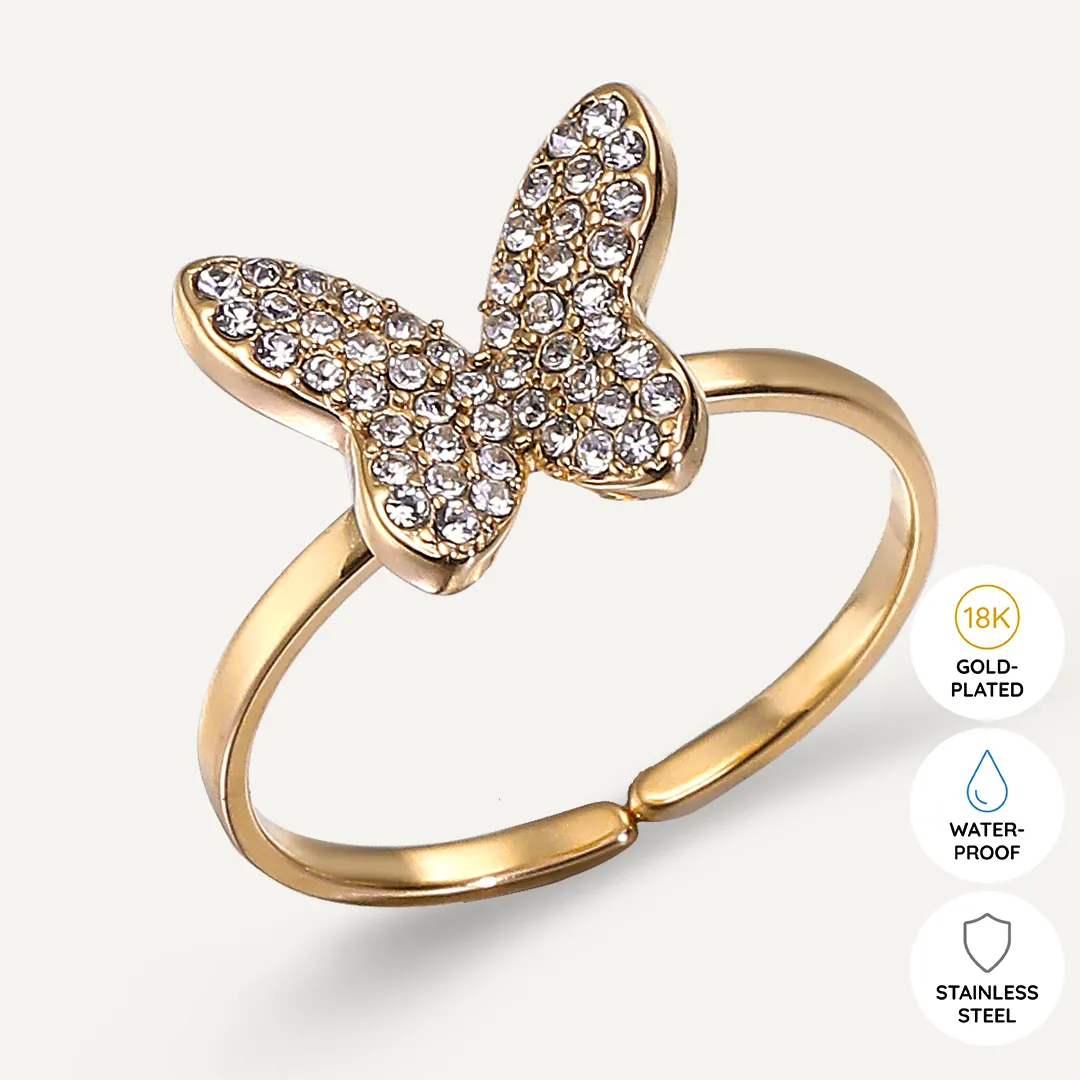 Vibes | Crystal Butterfly Delight Adjustable Ring | 18K Gold-Plated