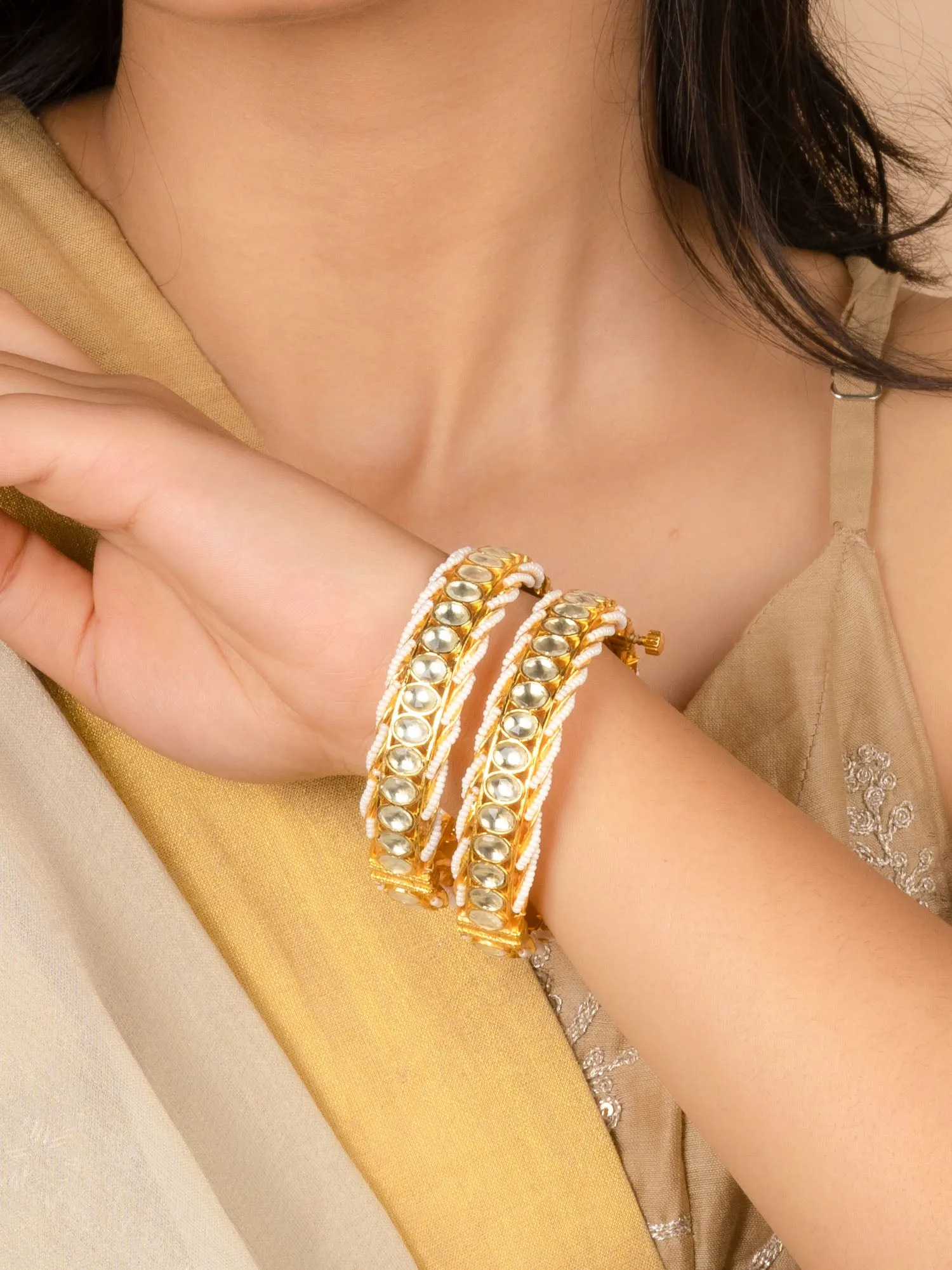 White Color Gold Plated Jadau Kundan Bangles - MB181Y